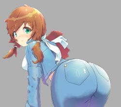 Rule 34 | 1girl, ass, blush, breasts, brown hair, denim, green eyes, hair ribbon, highres, jacket, jeans, large breasts, leaning, leaning forward, long hair, looking at viewer, low twintails, original, pants, ribbon, sideboob, skipeach, solo, twintails