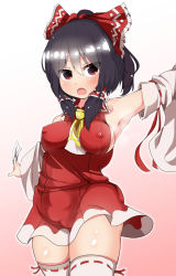 Rule 34 | &gt;:o, 1girl, :o, armpits, ascot, belly, black hair, blush, bow, breasts, commentary, detached sleeves, covered erect nipples, hair bow, hair tubes, hakurei reimu, highres, large bow, looking at viewer, medium breasts, miniskirt, ofuda, plump, red eyes, ribbon-trimmed legwear, ribbon-trimmed sleeves, ribbon trim, skirt, solo, steam, sweat, takimoto yukari, thick thighs, thighhighs, thighs, touhou, tsurime, v-shaped eyebrows