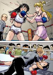 Rule 34 | 2girls, artist request, black hair, blonde hair, blood, blood on face, boxing, boxing gloves, boxing ring, catfight, defeat, multiple girls, ryona, unconscious