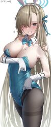 Rule 34 | 1girl, absurdres, animal ears, asuna (blue archive), asuna (bunny) (blue archive), bare shoulders, blue archive, blue bow, blue bowtie, blue eyes, blue leotard, blue ribbon, bow, bowtie, breasts, cleavage, collarbone, detached collar, fake animal ears, gloves, grin, hair over one eye, hair ribbon, halo, heart, highleg, highleg leotard, highres, kawai ritsu (rits meg), large breasts, leotard, long hair, looking at viewer, mole, mole on breast, pantyhose, playboy bunny, rabbit ears, rabbit tail, revision, ribbon, simple background, skindentation, smile, solo, strapless, strapless leotard, tail, thighband pantyhose, twitter username, very long hair, white background, white gloves
