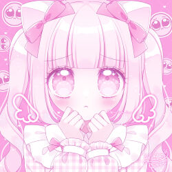 Rule 34 | 1girl, animal ears, blush, bow, cat ears, closed mouth, collared shirt, commentary request, ear bow, emoji, frilled shirt collar, frills, hands up, highres, himetsuki luna, long sleeves, looking at viewer, original, pink background, pink bow, pink hair, plaid, plaid shirt, pleading face emoji, puffy long sleeves, puffy sleeves, purple eyes, ringlets, shirt, sidelocks, signature, sleeves past wrists, solo, twintails, twitter username, upper body