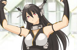 Rule 34 | 10s, 1girl, arms up, bare shoulders, black hair, breasts, colombia pose, elbow gloves, fingerless gloves, gloves, hair ornament, hairband, headgear, kantai collection, large breasts, long hair, nagato (kancolle), onaya masakazu, personification, red eyes, solo