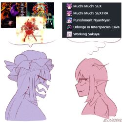 Rule 34 | 2girls, bat wings, closed mouth, eosd2002, from side, hat, head wings, highres, koakuma, long hair, looking at another, mob cap, multiple girls, open mouth, patchouli knowledge, pointy ears, signature, speech bubble, thought bubble, tongue, touhou, upper body, wings