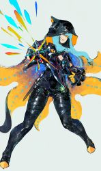 Rule 34 | 1girl, armor, black cloak, blue hair, blunt bangs, breasts, cleavage, cloak, dagger, firing, glowing, grey background, highres, holding, holding weapon, hood, hood up, hooded cloak, knife, labombardier!, long hair, monster hunter (series), namielle (armor), orange eyes, parted lips, scabbard, shaded face, sheath, sheathed, simple background, smile, solo, thigh strap, vambraces, weapon