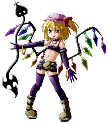 Rule 34 | 1girl, bare shoulders, blonde hair, boots, choker, cosplay, disgaea, elbow gloves, etna (disgaea), etna (disgaea) (cosplay), female focus, flandre scarlet, flat chest, full body, gloves, hat, laevatein, legs apart, looking at viewer, makai senki disgaea, midriff, miniskirt, mob cap, navel, one side up, open mouth, purple thighhighs, red eyes, sd-sos, side ponytail, simple background, skirt, solo, standing, thighhighs, touhou, white background, wings