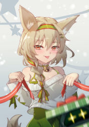 Rule 34 | + +, 1girl, :p, animal ear fluff, animal ears, arknights, bare shoulders, beanstalk (arknights), beanstalk (gift uncompleted) (arknights), bell, blush, box, braid, brown hair, closed mouth, collarbone, covered navel, gift, gift box, gradient background, green hairband, green ribbon, grey background, hair over shoulder, hair ribbon, hairband, highres, ling huanxiang, long hair, long sleeves, looking at viewer, metal crab (arknights), motion blur, neck bell, neck garter, off-shoulder sweater, off shoulder, official alternate costume, photobomb, red eyes, ribbon, single braid, smile, solo, star (symbol), sweater, tail, tongue, tongue out, upper body, white sweater