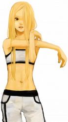 Rule 34 | 1girl, alternate costume, blonde hair, female focus, long hair, lowres, midriff, naruto, naruto (series), navel, noa nishihara, solo, stretching, white background, yamanaka ino
