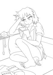 Rule 34 | 1girl, barefoot, book, bored, bottomless, dress shirt, feet, female focus, greyscale, hand on own head, hat, unworn hat, unworn headwear, highres, iromeki overdrive, looking away, monochrome, naked shirt, no pants, open clothes, open shirt, pencil, shameimaru aya, shirt, sitting, skirt, unworn skirt, unworn socks, soles, solo, toes, tokin hat, touhou