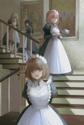 Rule 34 | 4girls, absurdres, arms behind back, black dress, black hair, breasts, dress, hair between eyes, highres, holding, holding tray, indoors, maid, multiple girls, mysoda, original, painting (object), picture frame, pink hair, plate, red eyes, stairs, standing, teapot, tray, yellow eyes