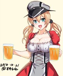 Rule 34 | 1girl, 846-gou, alcohol, aqua eyes, beer, beer mug, blonde hair, breasts, cleavage, cleavage cutout, clothing cutout, cowboy shot, cup, dirndl, german clothes, grey hat, hair ornament, hat, kantai collection, large breasts, looking at viewer, low twintails, military hat, mug, open mouth, peaked cap, prinz eugen (kancolle), simple background, smile, solo, tongue, tongue out, twintails
