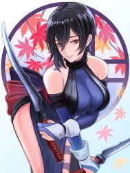 Rule 34 | 1girl, akito1218, bare shoulders, bent over, black hair, blue eyes, blue gloves, breasts, closed mouth, dual wielding, gloves, heterochromia, highres, holding, holding sword, holding weapon, large breasts, leaning forward, leg tattoo, looking at viewer, ninja, parted lips, partially fingerless gloves, red eyes, reverse grip, samurai spirits, seductive smile, shiki (samurai spirits), short hair, short sword, smile, snk, solo, sword, tantou, tattoo, weapon