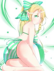 Rule 34 | 1girl, ass, bare shoulders, barefoot, bikini, blonde hair, blush, bow, braid, breasts, from behind, green eyes, hair bow, highres, large breasts, leafa, long hair, looking at viewer, motimotianyo, shiny skin, sideboob, smile, solo, striped bikini, striped clothes, swimsuit, sword art online