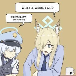 Rule 34 | animal ear fluff, animal ears, blonde hair, blue archive, blue halo, blue necktie, blue shirt, commentary, cup, english commentary, english text, faceless, faceless female, flak jacket, hair over one eye, halo, hat, jacket, kanna (blue archive), long hair, long sleeves, maven (madeinheaven 23), multiple girls, necktie, open mouth, parody, peaked cap, police, police hat, police uniform, policewoman, sharp teeth, shirt, simple background, speech bubble, teeth, tie clip, uniform, upper teeth only, valkyrie police academy student (blue archive)