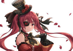 Rule 34 | 1girl, black bow, black gloves, bow, breasts, cleavage, eyebrows hidden by hair, eyepatch, floating hair, flower, gloves, gothic lolita, hair bow, hat, hat flower, highres, hololive, houshou marine, houshou marine (gothic lolita), lolita fashion, long hair, medium breasts, mikami nacaba, mini hat, negative space, official alternate costume, one eye covered, petals, red eyes, red flower, red hair, red rose, rose, see-through, see-through cleavage, smile, solo, upper body, v-shaped eyebrows, virtual youtuber