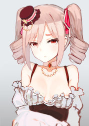 Rule 34 | 1girl, bare shoulders, breasts, brooch, brown hat, cleavage, collarbone, corset, detached collar, detached sleeves, dress, drill hair, expressionless, fedora, frilled dress, frills, gem, grey background, grey hair, hair ribbon, hat, head tilt, idolmaster, idolmaster cinderella girls, jewelry, kanzaki ranko, long sleeves, looking at viewer, medium breasts, mini hat, necklace, parted lips, pink ribbon, red eyes, revision, ribbon, sakura akami, short hair, sidelocks, simple background, sketch, solo, tsurime, twin drills, twintails, upper body