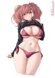 Rule 34 | 1girl, alternate costume, atlanta (kancolle), blush, bra, breasts, brown hair, clothes lift, cowboy shot, earrings, ebifurya, grey eyes, hair between eyes, highres, jewelry, kantai collection, large breasts, lifted by self, long hair, long sleeves, looking at viewer, navel, one-hour drawing challenge, panties, pink bra, pink panties, shirt, shirt lift, simple background, solo, star (symbol), star earrings, twitter username, two side up, underwear, white background