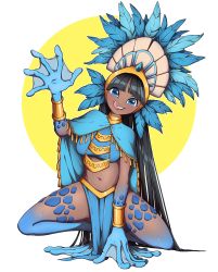 Rule 34 | 1girl, :q, absurdres, arm support, aztec, black hair, blue capelet, blue eyes, blue shirt, blue skin, blunt bangs, borrowed character, bracelet, capelet, colored skin, commentary, crop top, dark-skinned female, dark skin, english commentary, feather hair ornament, feathers, full body, gem, gold necklace, hair ornament, hand up, hat, highres, horizontal pupils, jewelry, loincloth, long hair, mefomefo, monster girl, multicolored skin, navel, necklace, original, pelvic curtain, scales, shirt, simple background, solo, squatting, teeth, tongue, tongue out, two-tone skin, upper teeth only, very long hair, white background, yellow background