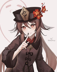 Rule 34 | 1girl, :d, ark john up, black nails, brown hair, chinese clothes, commentary request, flower, genshin impact, ghost, hair between eyes, hat, hat flower, hat ornament, hu tao (genshin impact), index finger raised, long hair, long sleeves, looking at viewer, nail polish, open mouth, red eyes, sidelocks, smile, symbol-shaped pupils, twintails, twitter username, white background, wide sleeves