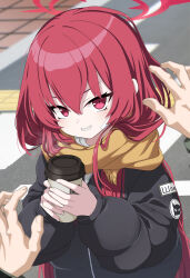 Rule 34 | 1girl, 1other, absurdres, black jacket, blue archive, coffee cup, cup, day, disposable cup, fringe trim, grin, hair between eyes, halo, highres, holding, holding cup, jacket, kokolokokomika, long hair, looking at viewer, outdoors, rabu (blue archive), red eyes, red hair, red halo, scarf, smile, solo focus, upper body, yellow scarf