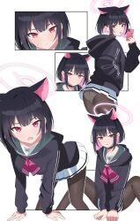 Rule 34 | 1girl, absurdres, all fours, animal ears, aventador, black choker, black hair, black jacket, black pantyhose, blue archive, cat ears, cat girl, choker, closed mouth, collarbone, colored inner hair, commentary request, extra ears, fang, green sailor collar, halo, hand in pocket, highres, holding, holding phone, hood, hood down, hooded jacket, jacket, kazusa (blue archive), long sleeves, looking at viewer, m legs, miniskirt, multicolored hair, multiple views, neckerchief, open mouth, panties, panties under pantyhose, pantyhose, phone, pink hair, pink halo, pink neckerchief, pleated skirt, puffy long sleeves, puffy sleeves, red eyes, sailor collar, short hair, simple background, skin fang, skirt, solo, tongue, tongue out, underwear, upper body, v-shaped eyebrows, white background, white skirt
