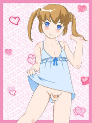 Rule 34 | 1boy, blue dress, blue eyes, blush, bottomless, crossdressing, dress, male focus, mamichi, no panties, penis, small penis, smile, solo, trap, twintails, uncensored