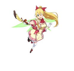 Rule 34 | 10s, 1girl, blonde hair, breasts, cleavage, detached sleeves, full body, gloves, green eyes, hair between eyes, hair ribbon, highres, leafa, long hair, medium breasts, official art, one eye closed, open mouth, pointy ears, red ribbon, ribbon, simple background, smile, solo, sword art online, sword art online: code register, thighhighs, white background, white gloves, white thighhighs, wings