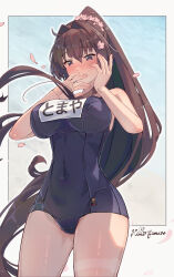 Rule 34 | 1girl, alternate costume, artist name, bare shoulders, blue one-piece swimsuit, blush, breasts, brown hair, cherry blossoms, commentary request, covered navel, cowboy shot, falling petals, hair between eyes, hair intakes, hair ornament, highres, himeyamato, kantai collection, large breasts, long hair, looking at viewer, one-piece swimsuit, petals, ponytail, red eyes, school swimsuit, solo, swimsuit, very long hair, yamato (kancolle), yamato kai ni (kancolle)