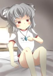 Rule 34 | 1girl, alternate costume, animal ears, bad anatomy, blush, buruma, gaoo (frpjx283), grey hair, gym uniform, highres, jewelry, mouse ears, mouse tail, nazrin, pendant, red eyes, short hair, sitting, smile, solo, tail, touhou