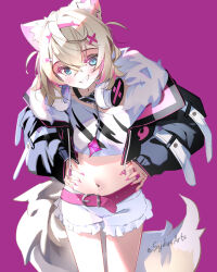 Rule 34 | 1girl, animal ear fluff, animal ears, bandaid, bandaid hair ornament, belt, belt collar, black collar, blonde hair, blue eyes, blush, collar, colored inner animal ears, cropped jacket, cropped shirt, dog ears, dog girl, frilled shorts, frills, fur-trimmed jacket, fur trim, hair ornament, hairband, hands on own hips, headphones, headphones around neck, hololive, hololive english, jacket, mococo abyssgard, mococo abyssgard (1st costume), navel, open clothes, open jacket, pink background, pink belt, pink hairband, shirt, short shorts, shorts, smile, solo, sydus, tail, virtual youtuber, white shirt, white shorts, x hair ornament