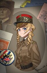 Rule 34 | 1girl, :/, absurdres, africa, belgian flag, belt, blonde hair, blue eyes, brown jacket, collared shirt, drill hair, facial hair, french army, french flag, hat, hearts of iron, highres, holy roman empire, jacket, kaiserreich, kepi, map, military hat, mustache, original, philippe petain, photo (object), postage stamp, pzkpfwi, real life, sepia, shirt, union jack, v-shaped eyebrows, white shirt