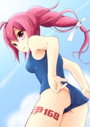 Rule 34 | 10s, 1girl, adjusting clothes, adjusting swimsuit, ass, blush, hair ribbon, highres, hippiee17, hippyi, i-168 (kancolle), kantai collection, long hair, looking at viewer, looking back, one-piece swimsuit, personification, ponytail, red eyes, red hair, ribbon, school swimsuit, school uniform, solo, swimsuit, water, wet