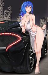 Rule 34 | absurdres, artist request, azur lane, backless dress, backless outfit, bag, bare shoulders, blue hair, blue nails, blue toenails, bra, breasts, building, car, cityscape, cleavage, cromwellb, dress, earrings, facing viewer, full body, grey dress, hair between eyes, hair ornament, hairclip, halter dress, halterneck, handbag, high heels, highres, huge breasts, jewelry, looking at viewer, mclaren, motor vehicle, nail polish, necklace, night, night sky, no panties, outdoors, painttool sai (medium), parted lips, pink eyes, plunging neckline, revealing clothes, side ponytail, sidelocks, silver dress, silver footwear, sky, skyscraper, solo, sports car, st. louis (azur lane), st. louis (luxurious wheels) (azur lane), thighs, underwear