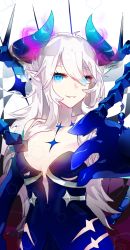 Rule 34 | 1girl, allos, blue dress, blue eyes, breasts, cleavage, diabla (elsword), dress, elsword, highres, horns, long hair, luciela r. sourcream, medium breasts, parted lips, pointy ears, silver hair, smile, solo, standing, strapless, strapless dress, very long hair