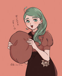 Rule 34 | 1girl, :d, apron, brown shirt, commentary request, creatures (company), game freak, green eyes, green hair, hat, highres, holding, holding clothes, holding hat, katy (pokemon), long hair, looking at viewer, mmmhobby, mole, mole on cheek, nintendo, open mouth, pokemon, pokemon sv, puffy sleeves, shirt, short sleeves, smile, solo, spider web print, teeth, tongue, translation request, unworn hat, unworn headwear, upper teeth only, waist apron