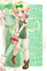 Rule 34 | 1girl, apple, armlet, basket, blonde hair, blue eyes, bow, brown footwear, elf, food, fruit, green background, green bow, highres, holding, holding basket, jewelry, long hair, looking at viewer, necklace, original, pointy ears, sarujie (broken monky), slave clothes, standing, zoom layer