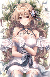 Rule 34 | 1girl, absurdres, bare shoulders, black ribbon, blush, breasts, brown eyes, bug, butterfly, cleavage, closed mouth, collarbone, dress, elf, flower, garter straps, hair ribbon, highres, insect, large breasts, light brown hair, lily (flower), long hair, looking at viewer, original, pippin (pippin sol), pointy ears, ribbon, solo, thighhighs, white dress, white flower, white thighhighs