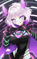 Rule 34 | 1girl, :q, absurdres, aqua eyes, black bodysuit, bob cut, bodysuit, breasts, cape, closed mouth, commentary, commission, covered navel, detached horns, english commentary, groin, hair intakes, highres, hip vent, holographic horns, horns, indie virtual youtuber, large breasts, looking at viewer, medium hair, mixed-language commentary, motherv3, neon trim, pink horns, purple cape, purple eyes, purple hair, sidelocks, skeb commission, smile, solo, sukoyaka (100hituzi), tongue, tongue out, two-tone eyes, virtual youtuber