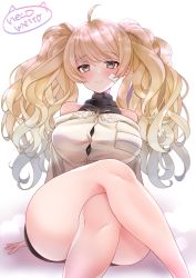 Rule 34 | 1girl, ahoge, bandaid, bandaid on face, bare legs, bare shoulders, blonde hair, blush, breasts, crossed legs, granblue fantasy, highres, large breasts, long hair, looking at viewer, monika weisswind, neco meito, sitting, smile, solo, thighs, twintails, wavy hair, yellow eyes