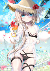 Rule 34 | 1girl, :o, bendy straw, bikini, black bikini, blonde hair, blue eyes, blush, breasts, brown hat, collarbone, commentary request, cup, drink, drinking glass, drinking straw, flower, gluteal fold, hair between eyes, hammock, hand up, hat, hat flower, holding, jacket, long sleeves, multi-strapped bikini, navel, open clothes, open jacket, original, parted lips, petals, pillow, red flower, see-through, small breasts, solo, straw hat, swimsuit, tia-chan, uchuuneko, water