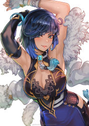 Rule 34 | 1girl, armpits, arms up, asymmetrical gloves, bangle, bare shoulders, bead choker, blue hair, blush, bob cut, bracelet, breasts, cleavage, clothing cutout, coat, commentary, cowboy shot, dark blue hair, diagonal bangs, dice, elbow gloves, english commentary, fingerless gloves, fishnets, fur-trimmed coat, fur trim, genshin impact, gloves, green eyes, highres, hip vent, jewelry, large breasts, lips, looking at viewer, magion02, mismatched gloves, mole, mole on breast, neck tassel, parted lips, patreon username, simple background, single elbow glove, single fingerless glove, sleeveless, smile, solo, tassel, white background, yelan (genshin impact)