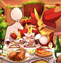 1boy 3girls bottle braixen breasts candle chimney christmas christmas_tree closed_eyes creatures_(company) croissant delphox family feeding fennekin fire food furry furry_female game_freak gen_6_pokemon holding holding_spoon indoors large_breasts multiple_girls nintendo nojaaaaaaaarori open_mouth pokemon sitting smile spoon turkey_(food) wine_bottle