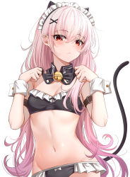 Rule 34 | 1girl, absurdres, animal ears, arm belt, armpit crease, bandeau, bare shoulders, bell, bikini, black bikini, bow, bowtie, breasts, cat ears, cat girl, cat tail, cleavage, closed mouth, commentary, cowboy shot, detached collar, expressionless, frilled bikini, frills, groin, hair ornament, hands up, highres, jingle bell, long hair, looking at viewer, maid, maid bikini, maid headdress, midriff, navel, original, pink hair, red eyes, simple background, small breasts, solo, stomach, strapless, strapless bikini, sunhyun, swimsuit, tail, unconventional maid, very long hair, white background, wrist cuffs, x hair ornament