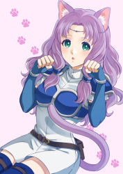 Rule 34 | 1girl, :o, animal ears, armor, bad id, bad pixiv id, belt, breastplate, cat ears, cat tail, circlet, dress, elbow gloves, fe17q9, fingerless gloves, fire emblem, fire emblem: the blazing blade, florina (fire emblem), gloves, green eyes, long hair, looking at viewer, nintendo, parted bangs, pauldrons, paw pose, paw print, purple hair, shoulder armor, solo, tail, white background, white dress