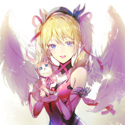 Rule 34 | 1girl, angel wings, bare shoulders, blonde hair, blue eyes, cat, dress, hair between eyes, hair ribbon, heart, heart-shaped pupils, holding, looking at viewer, mercy (overwatch), official alternate costume, open mouth, overwatch, overwatch 1, pink dress, pink mercy, pink ribbon, ribbon, road 233, solo, symbol-shaped pupils, twintails, upper body, wings