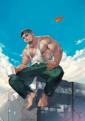 Rule 34 | 1boy, absurdres, bara, barefoot, black hair, borrowed character, closed mouth, cup, facial hair, goatee, green pants, highres, large pectorals, looking at viewer, male focus, mature male, mug, muscular, muscular male, original, pants, paper airplane, pectoral cleavage, pectorals, selkiro, short hair, sidepec, sky, solo, tank top, thick eyebrows, white tank top