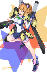 Rule 34 | 1girl, bike shorts, blue eyes, breasts, brown hair, commentary request, denjyou23, energy gun, fumina avatar, gundam, gundam build fighters, gundam build fighters try, gundam build metaverse, headgear, highres, hoshino fumina, large breasts, long hair, looking at viewer, mecha musume, open mouth, ponytail, shoulder cannon, solo, v, weapon
