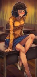 Rule 34 | 1girl, :t, absurdres, blue skirt, blush, breasts, brown eyes, brown hair, chair, closed mouth, collarbone, curtains, desk, embarrassed, female focus, full body, half-closed eyes, highres, indoors, kawakami sadayo, long sleeves, looking at viewer, medium breasts, messy hair, miniskirt, nose blush, on desk, pencil skirt, persona, persona 5, pout, school chair, school desk, shirt, shoes, short hair, sidelocks, sitting, skirt, solo, striped clothes, striped shirt, toasty scones, white footwear, yellow shirt