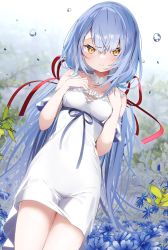 Rule 34 | 1girl, bare shoulders, blue flower, blue hair, blurry, blurry background, breasts, collarbone, commentary request, depth of field, dress, flower, frilled dress, frills, hair between eyes, hair ornament, hair ribbon, hairclip, hands up, highres, kamioka shun&#039;ya, long hair, looking at viewer, low twintails, medium breasts, original, red ribbon, ribbon, sleeveless, sleeveless dress, solo, twintails, very long hair, water drop, white dress, yellow eyes