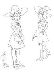 Rule 34 | 10s, 1girl, boots, character sheet, cosmic bear, freckles, glasses, greyscale, hands on lap, hat, hood, hoodie, knee boots, lineart, little witch academia, lotte jansson, monochrome, short hair, skirt, smile, solo, wide sleeves, witch hat