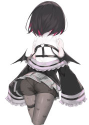 Rule 34 | 1girl, ass, black hair, black jacket, black pantyhose, commentary request, cropped legs, frilled sleeves, frills, from behind, grey background, heart, highres, indie virtual youtuber, jacket, long sleeves, nanananana, panties, panties under pantyhose, pantyhose, rikotan (vtuber), shirt, short hair, simple background, solo, thigh strap, underwear, virtual youtuber, wedgie, white shirt, wide sleeves, wings